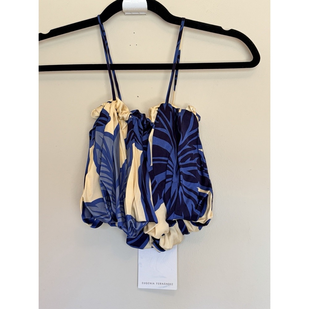 Blue & Cream Leaf-Print Crop Top